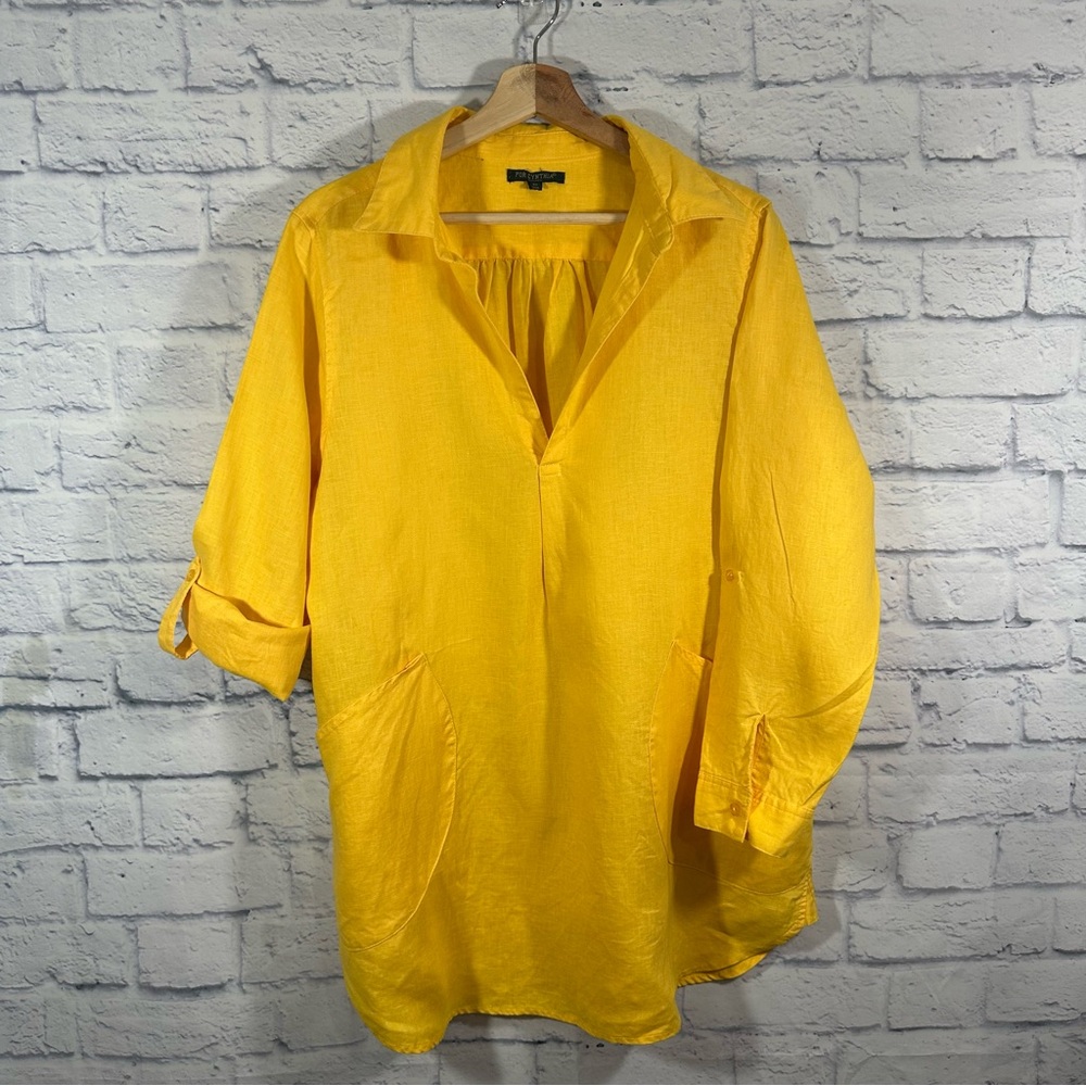 For Cynthia 100% Linen 3/4 Sleeve Pockets Tunic Blouse Sz 2X Mustard Yellow